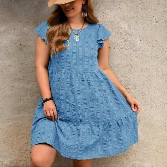 NEW Sky Blue Textured Solid Tiered Tunic Mini Dress - 2X - Picture 5 of 8